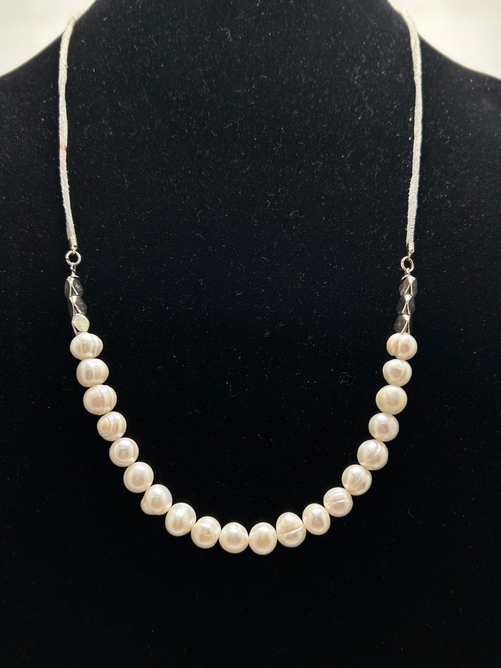 White House Black Market, WHBM, Baroque Pearl Long Necklace, Gray Suede Lacing